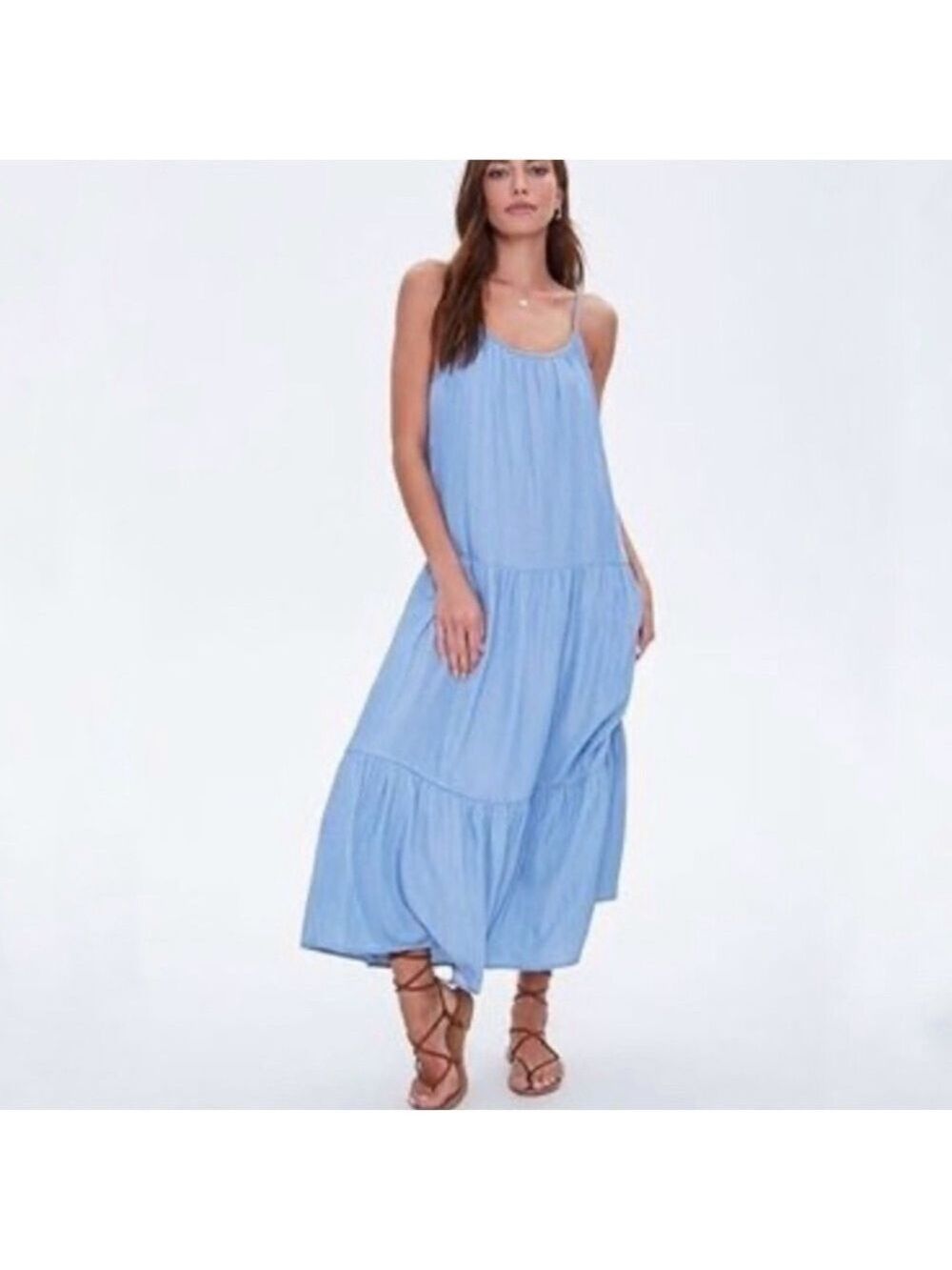 New- Lumiere Tiered, Strappy, Relaxed Fit, Chambray, Pockets, Blue Maxi Dress LG